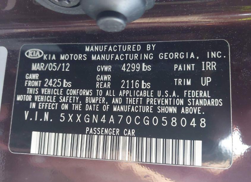 Photo 8 of 2012 Kia Optima EX (VIN 5XXGN4A70CG058048)