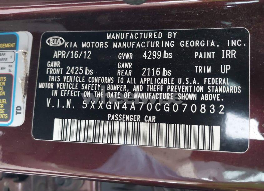 Photo 9 of 2012 Kia Optima EX (VIN 5XXGN4A70CG070832)