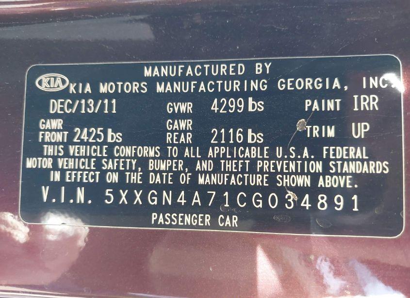 Photo 9 of 2012 Kia Optima EX (VIN 5XXGN4A71CG034891)