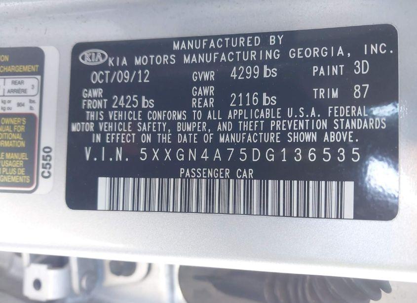 Photo 9 of 2013 Kia Optima EX (VIN 5XXGN4A75DG136535)