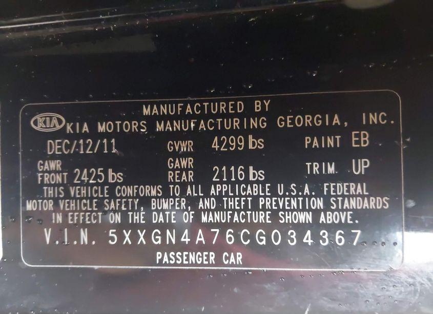 Photo 9 of 2012 Kia Optima EX (VIN 5XXGN4A76CG034367)