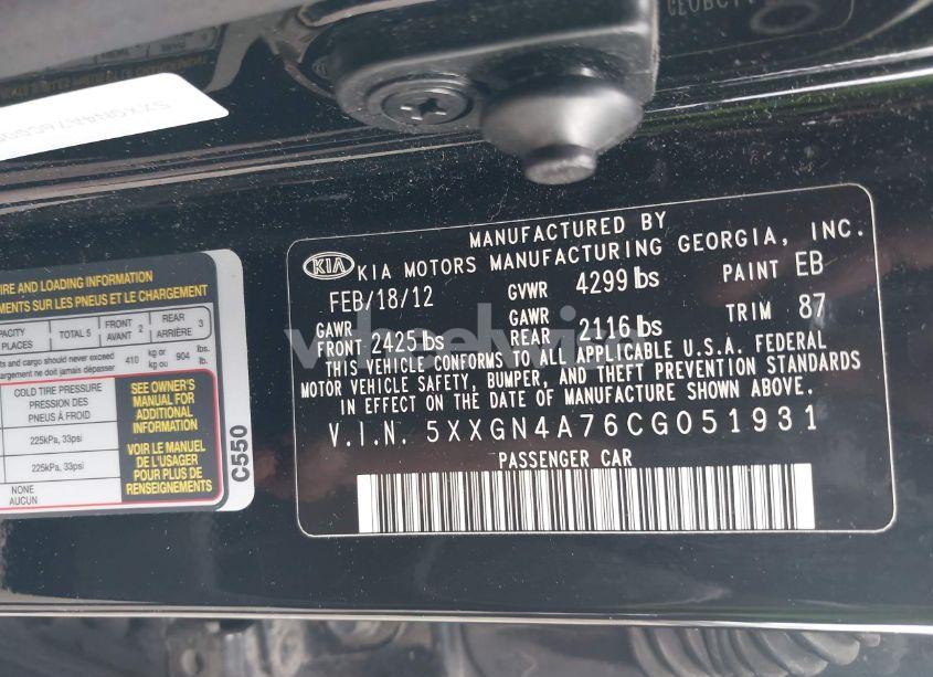 Photo 9 of 2012 Kia Optima EX (VIN 5XXGN4A76CG051931)