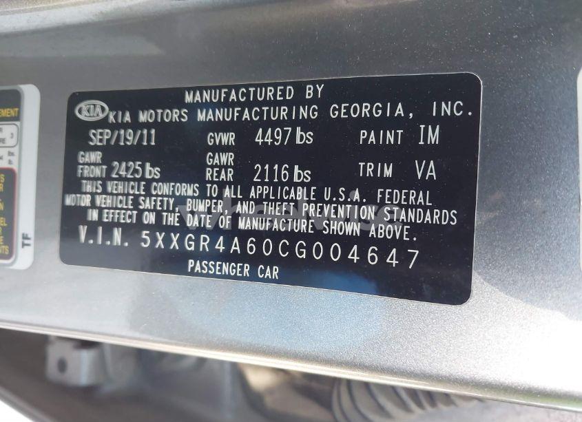 Photo 9 of 2012 Kia Optima SX (VIN 5XXGR4A60CG004647)