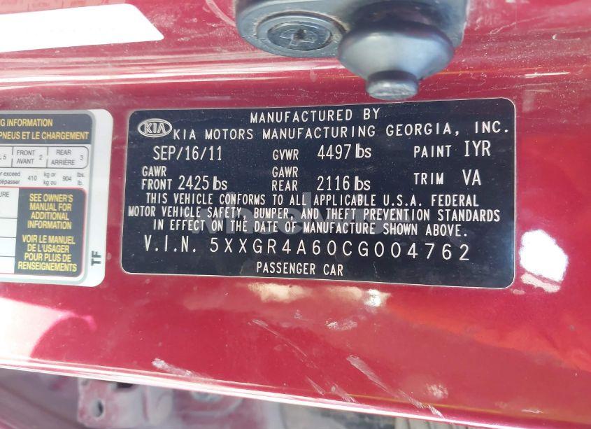 Photo 9 of 2012 Kia Optima SX (VIN 5XXGR4A60CG004762)