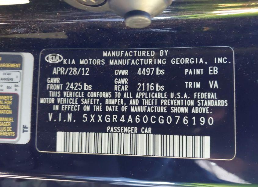 Photo 9 of 2012 Kia Optima SX (VIN 5XXGR4A60CG076190)