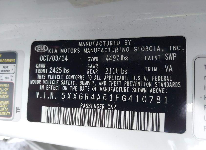 Photo 9 of 2015 Kia Optima SXL TURBO (VIN 5XXGR4A61FG410781)