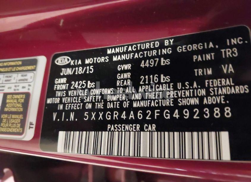 Photo 9 of 2015 Kia Optima SX TURBO (VIN 5XXGR4A62FG492388)