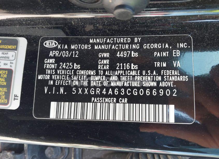 Photo 9 of 2012 Kia Optima SX (VIN 5XXGR4A63CG066902)