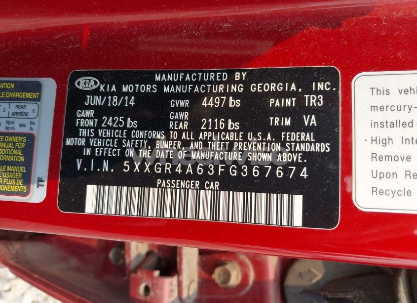 Photo 9 of 2015 Kia Optima SX TURBO (VIN 5XXGR4A63FG367674)