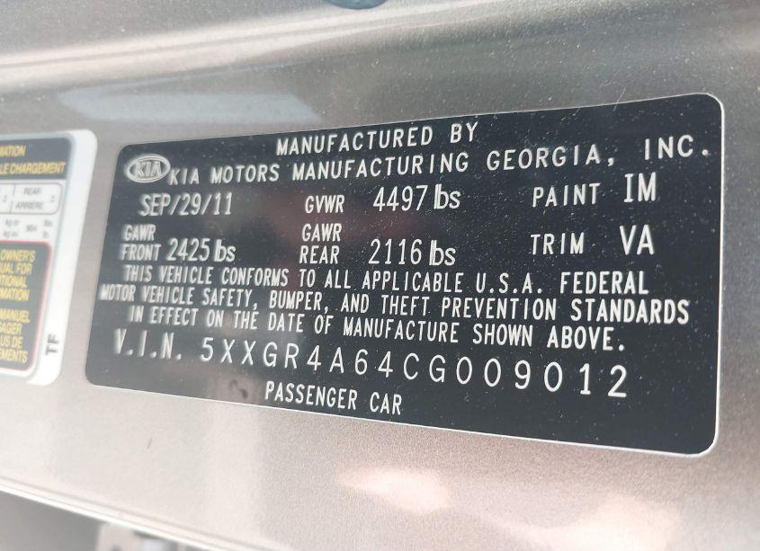 Photo 9 of 2012 Kia Optima SX (VIN 5XXGR4A64CG009012)