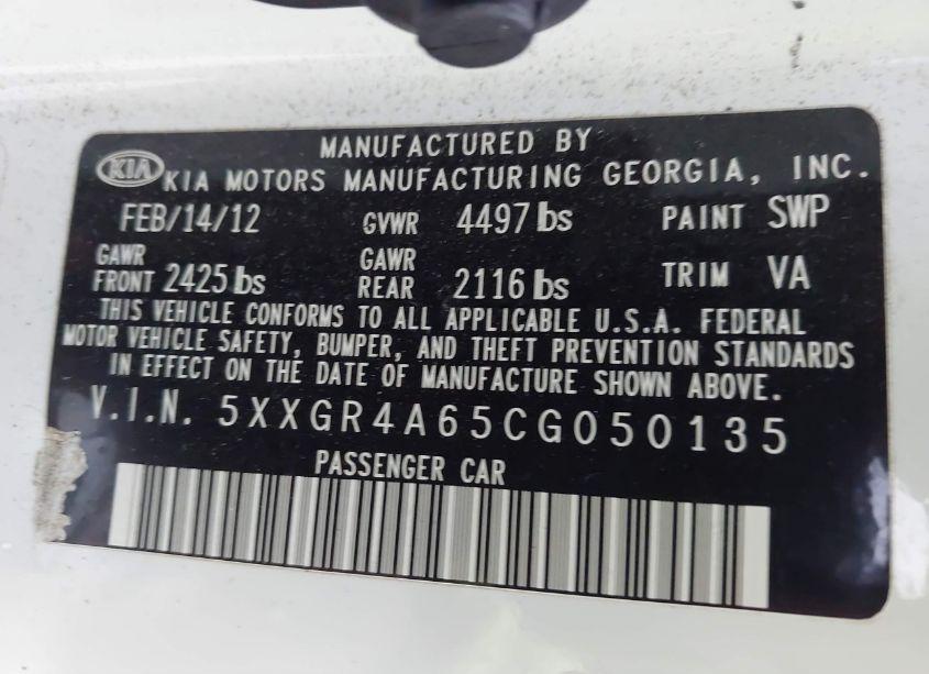 Photo 9 of 2012 Kia Optima SX (VIN 5XXGR4A65CG050135)