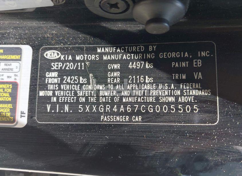Photo 9 of 2012 Kia Optima SX (VIN 5XXGR4A67CG005505)