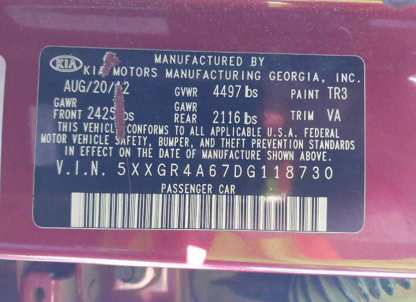 Photo 9 of 2013 Kia Optima SX (VIN 5XXGR4A67DG118730)