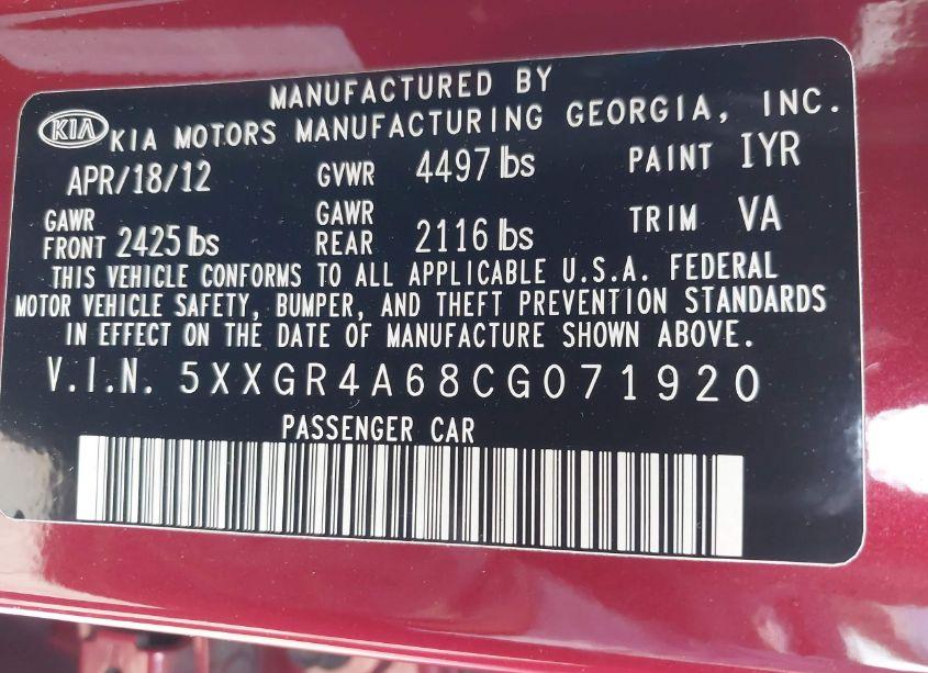 Photo 9 of 2012 Kia Optima SX (VIN 5XXGR4A68CG071920)