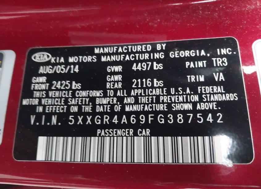 Photo 9 of 2015 Kia Optima SX TURBO (VIN 5XXGR4A69FG387542)