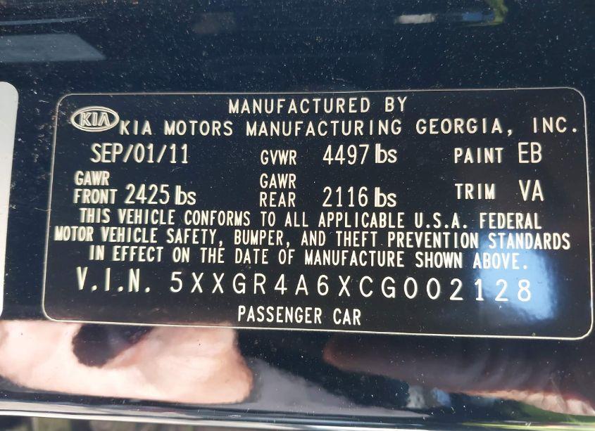 Photo 9 of 2012 Kia Optima SX (VIN 5XXGR4A6XCG002128)