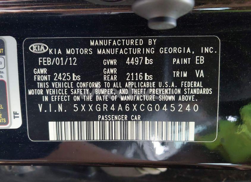 Photo 9 of 2012 Kia Optima SX (VIN 5XXGR4A6XCG045240)