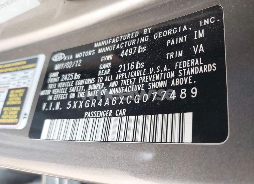 Photo 9 of 2012 Kia Optima SX (VIN 5XXGR4A6XCG077489)