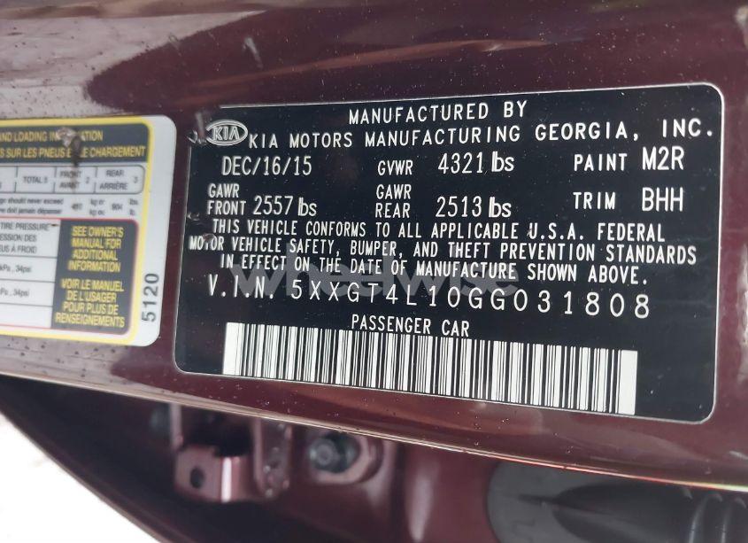 Photo 9 of 2016 Kia Optima LX TURBO (VIN 5XXGT4L10GG031808)