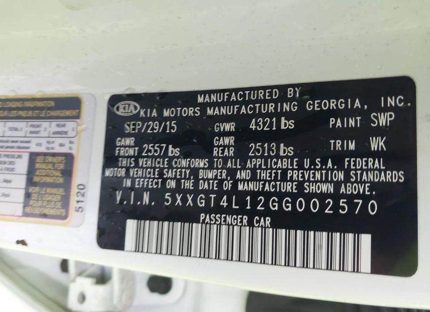 Photo 9 of 2016 Kia Optima LX TURBO (VIN 5XXGT4L12GG002570)