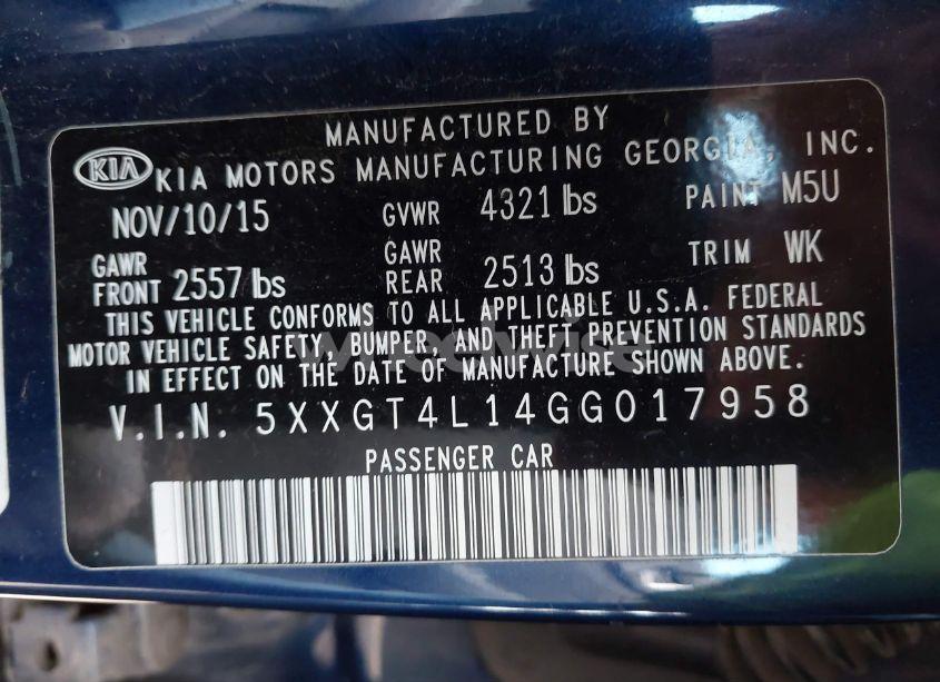 Photo 9 of 2016 Kia Optima LX TURBO (VIN 5XXGT4L14GG017958)