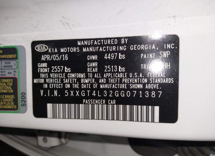 Photo 9 of 2016 Kia Optima LX (VIN 5XXGT4L32GG071387)