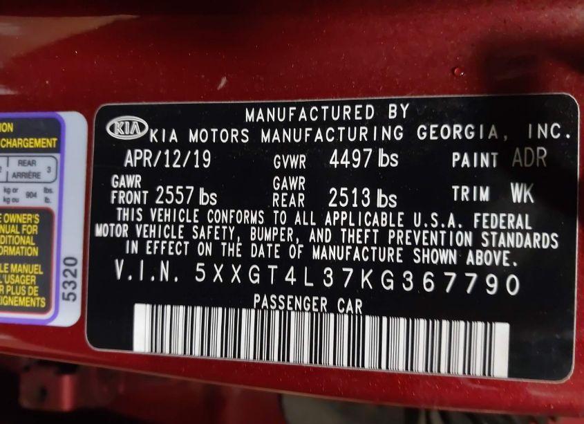 Photo 9 of 2019 Kia Optima S (VIN 5XXGT4L37KG367790)