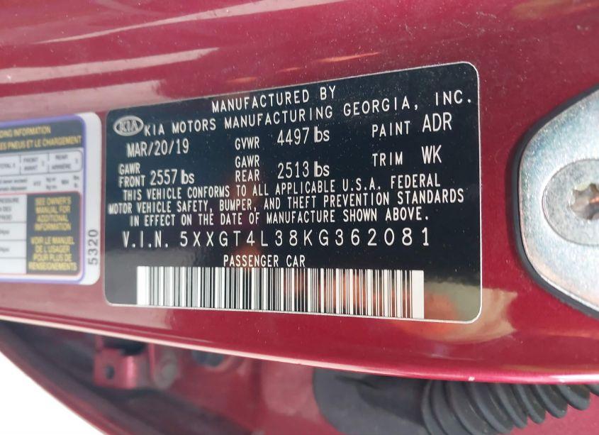 Photo 9 of 2019 Kia Optima LX/S (VIN 5XXGT4L38KG362081)