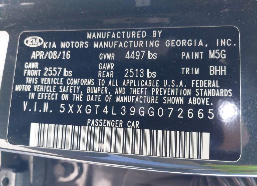 Photo 9 of 2016 Kia Optima LX (VIN 5XXGT4L39GG072665)