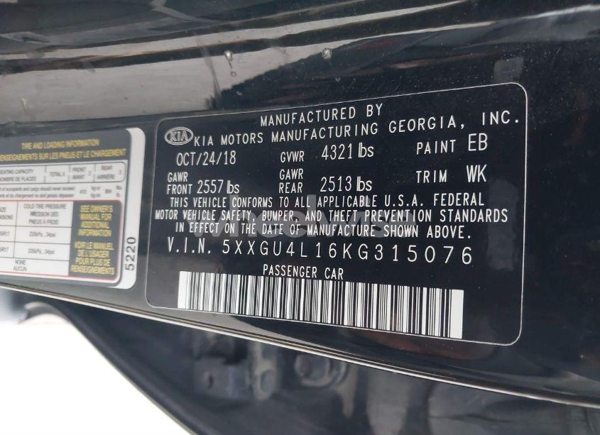 Photo 9 of 2019 Kia Optima EX (VIN 5XXGU4L16KG315076)