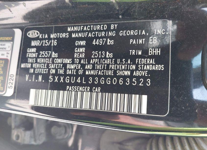 Photo 9 of 2016 Kia Optima EX (VIN 5XXGU4L33GG063523)