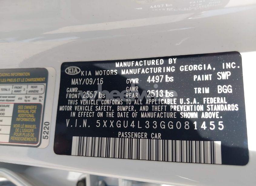 Photo 9 of 2016 Kia Optima EX (VIN 5XXGU4L33GG081455)