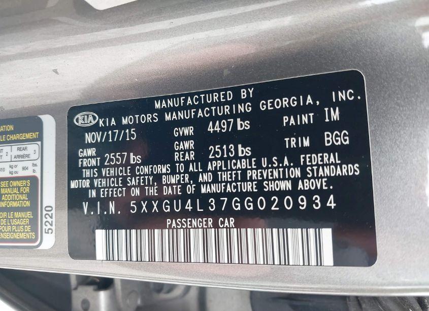 Photo 9 of 2016 Kia Optima EX (VIN 5XXGU4L37GG020934)