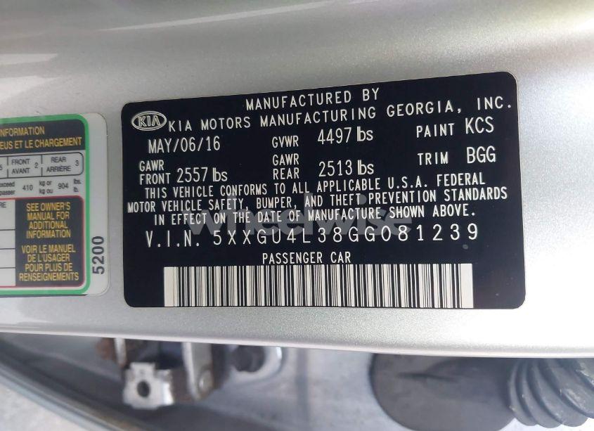 Photo 9 of 2016 Kia Optima EX (VIN 5XXGU4L38GG081239)