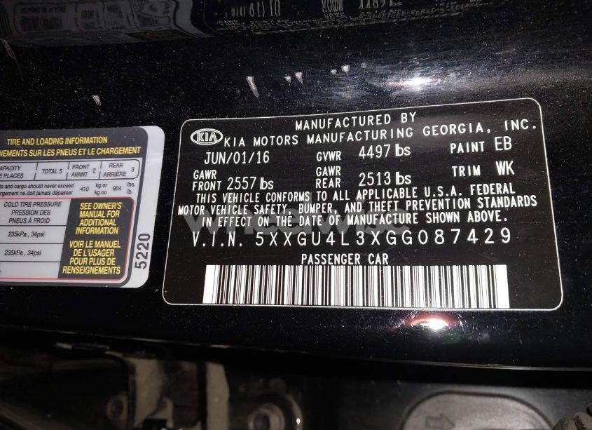 Photo 9 of 2016 Kia Optima EX (VIN 5XXGU4L3XGG087429)