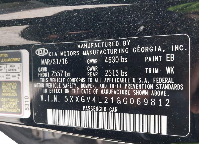 Photo 9 of 2016 Kia Optima SXL TURBO (VIN 5XXGV4L21GG069812)