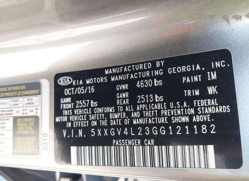 Photo 9 of 2016 Kia Optima SXL TURBO (VIN 5XXGV4L23GG121182)