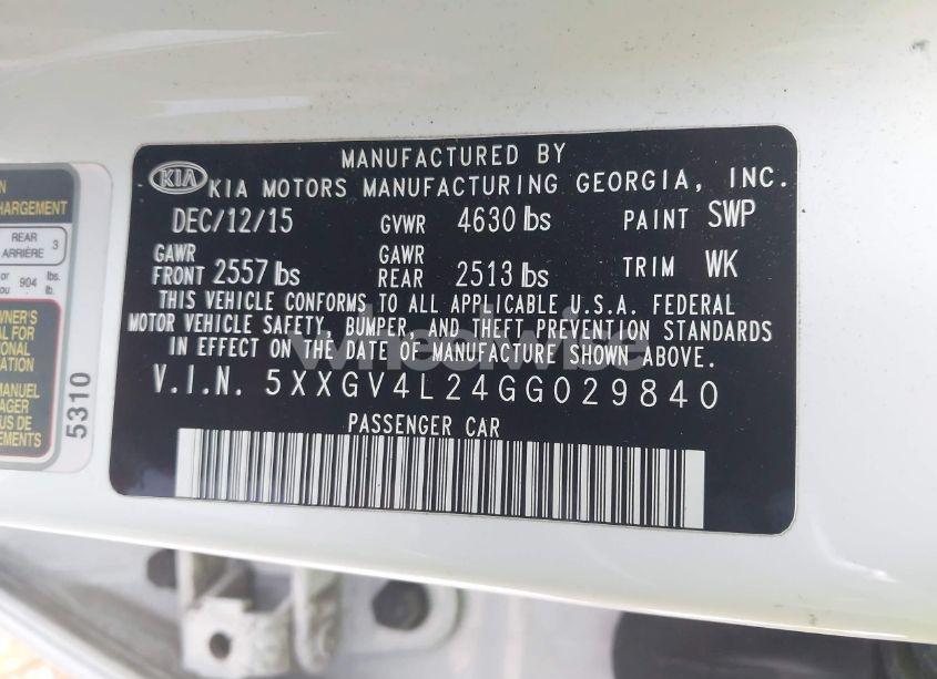 Photo 9 of 2016 Kia Optima SXL TURBO (VIN 5XXGV4L24GG029840)