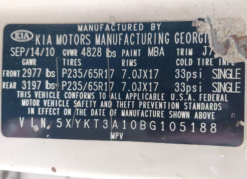 Photo 9 of 2011 Kia Sorento LX (VIN 5XYKT3A10BG105188)