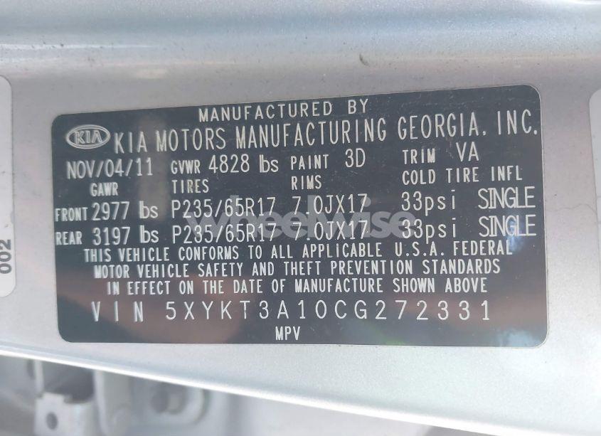 Photo 9 of 2012 Kia Sorento LX (VIN 5XYKT3A10CG272331)