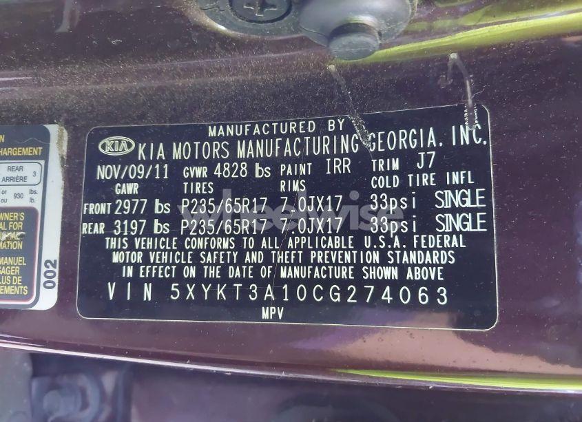 Photo 9 of 2012 Kia Sorento LX (VIN 5XYKT3A10CG274063)