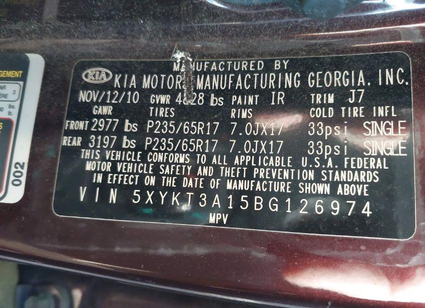 Photo 9 of 2011 Kia Sorento LX (VIN 5XYKT3A15BG126974)