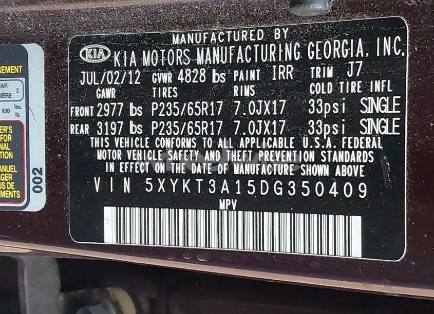 Photo 9 of 2013 Kia Sorento LX (VIN 5XYKT3A15DG350409)