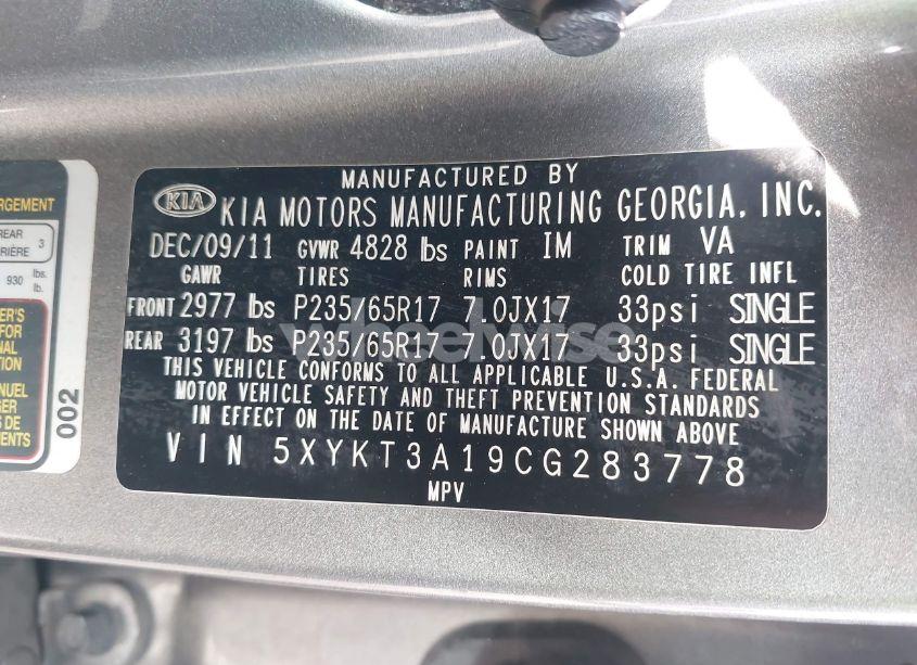 Photo 9 of 2012 Kia Sorento LX (VIN 5XYKT3A19CG283778)