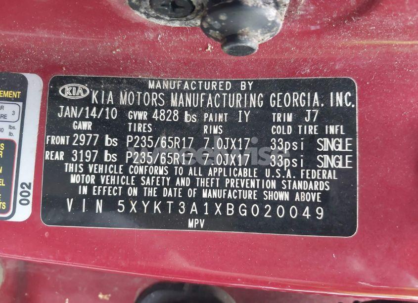 Photo 9 of 2011 Kia Sorento LX (VIN 5XYKT3A1XBG020049)