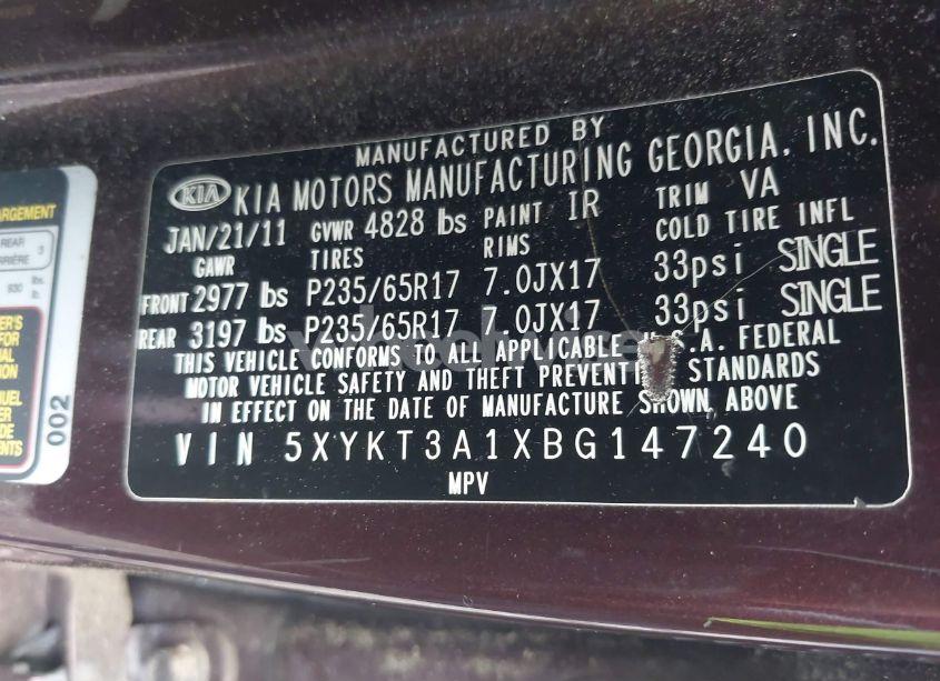 Photo 9 of 2011 Kia Sorento LX (VIN 5XYKT3A1XBG147240)