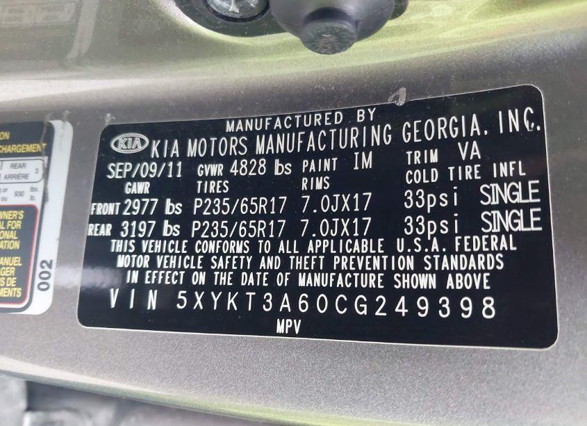 Photo 9 of 2012 Kia Sorento LX (VIN 5XYKT3A60CG249398)