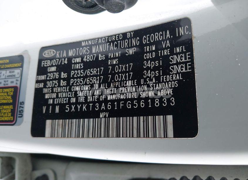 Photo 9 of 2015 Kia Sorento LX (VIN 5XYKT3A61FG561833)