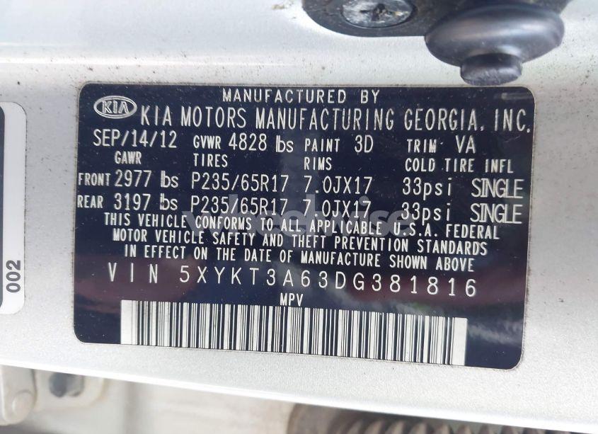 Photo 9 of 2013 Kia Sorento LX (VIN 5XYKT3A63DG381816)