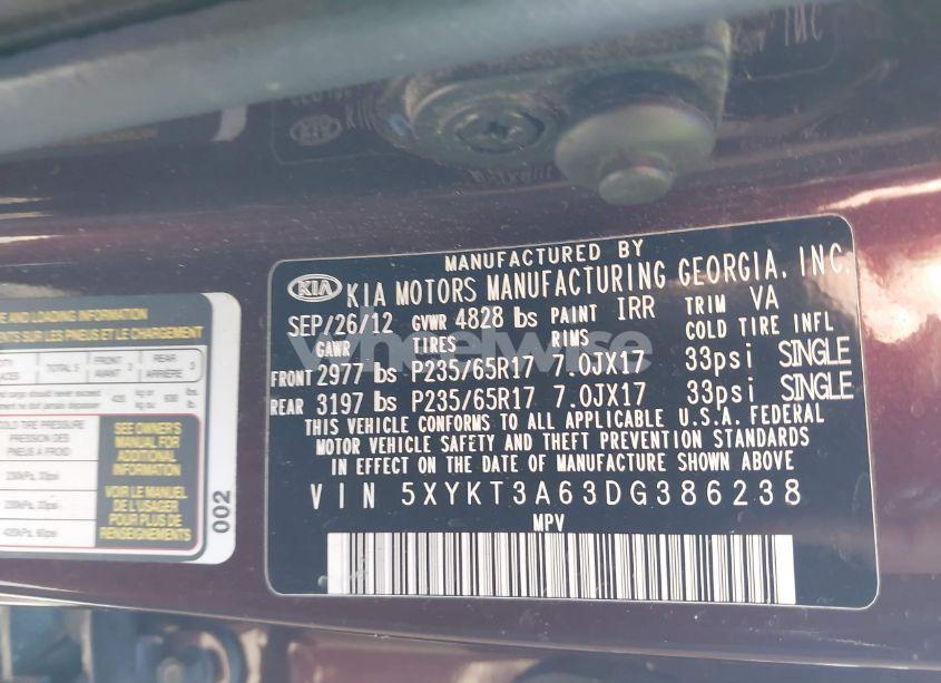 Photo 9 of 2013 Kia Sorento LX (VIN 5XYKT3A63DG386238)